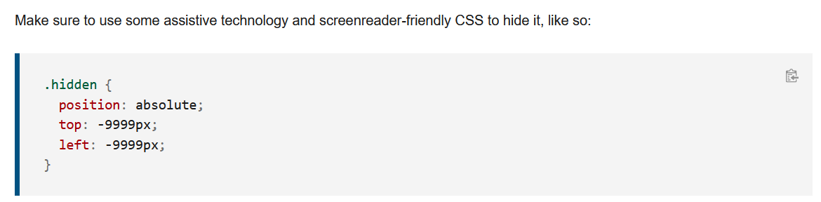 Making your element hidden from screenreaders is apparently positioning it with a magical number?