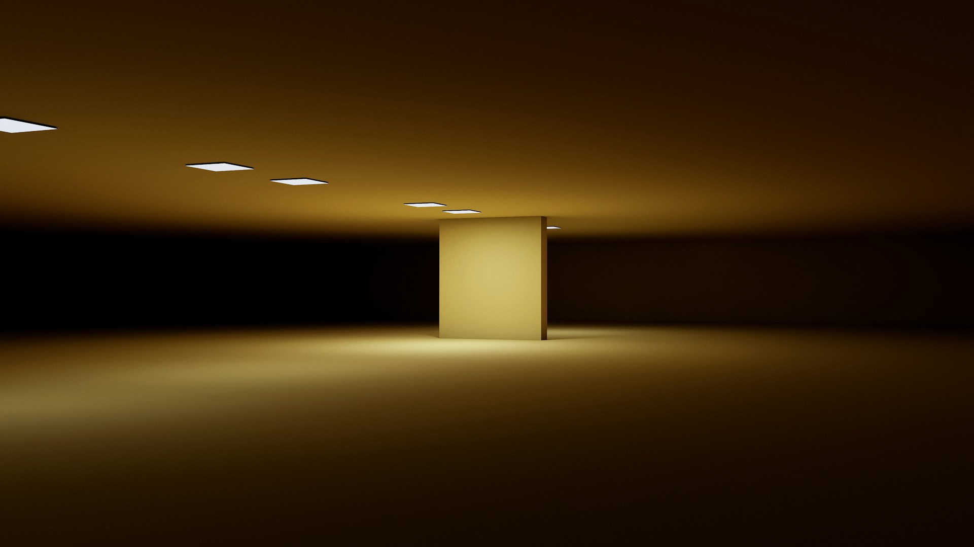 Dimly lit yellow room with a wall in the middle. Photo by Dynamic Wang.